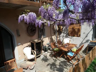 a patio with a table and chairs under a tree with purple flowers at Haus Möltner - Apartment Aviam in Caldaro