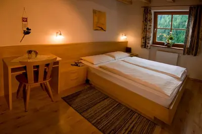 a living room with a table and a couch at Residence Bad Bergfall in Valdaora