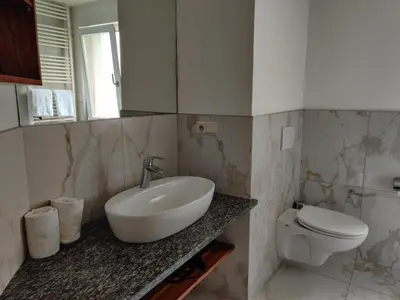a bathroom with a sink and a toilet at Eguia in Selva di Val Gardena