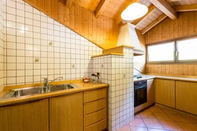 a kitchen with a sink and a stove at Appartamenti Cèsa Crepa Neigra in Canazei