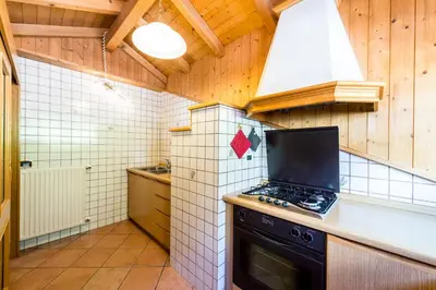 a kitchen with a stove top oven in a room at Appartamenti Cèsa Crepa Neigra in Canazei