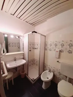 a bathroom with a shower and a toilet and a sink at Casa AQ28 sulle piste da sci in Falcade