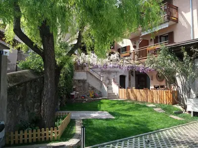 a yard with a tree and a building at Haus Möltner - Apartment 1927 in Caldaro