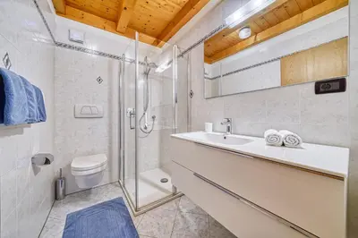 a bathroom with a shower and a sink and a toilet at Köstenholzerhof in Lana