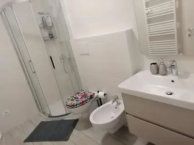 a bathroom with a toilet and a shower and a sink at Manuel's Home 1 FREE parking Wi-Fi AC in Bolzano