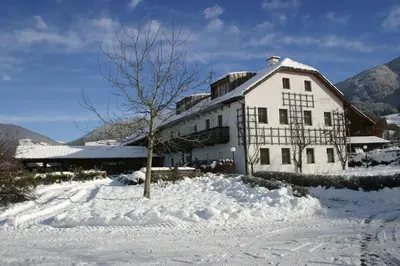 a white building with a tree in the snow at Appartementhaus Lechnerhof in Brunico