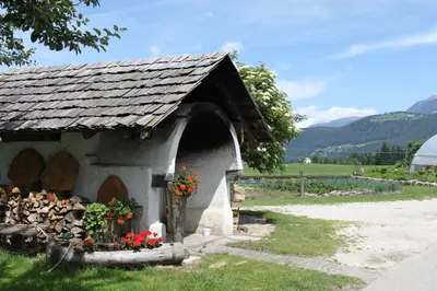a small house with flowers in a yard at Appartementhaus Lechnerhof in Brunico