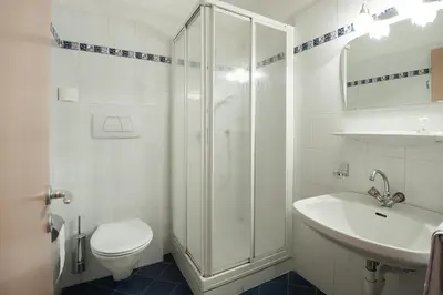 a bathroom with a shower and a toilet and a sink at Hotel Restaurant Putzer in Naz-Sciaves