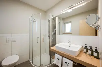 a bathroom with a sink and a toilet and a shower at Boutique Hotel Wiesenhof - Adults Only in Lana