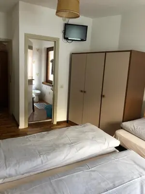 a bedroom with a bed and a tv and a mirror at B&B Astor in Alleghe