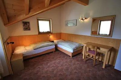 a room with two beds and a table and a mirror at Cesa Roseda in Canazei