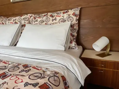 a bed with a pillow and a lamp on a night stand at Villa Maria Dolomites Vintage Home in Brunico