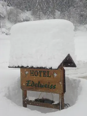 a hotel excellence sign in the snow at Hotel Edelweiss in Val di Zoldo