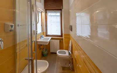 a small bathroom with a toilet and a sink at Hotel Edelweiss in Val di Zoldo