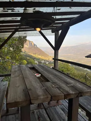 a wooden picnic table with a light hanging from a roof at Voldersberghof in Cortaccia