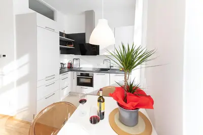 a white kitchen with a table with a potted plant at Apartments Leonardo in Bolzano