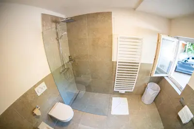 a bathroom with a shower and a toilet at Flow Apartments Margareta in Parcines