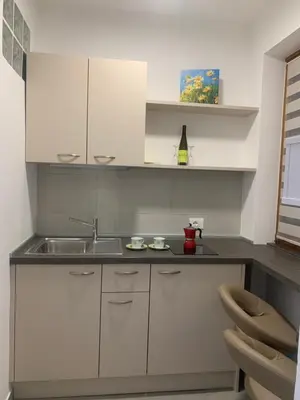 a kitchen with white cabinets and a sink at Garni Guflhof in Caldaro