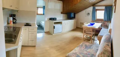 a kitchen and living room with a couch and a table at Garni Guflhof in Caldaro