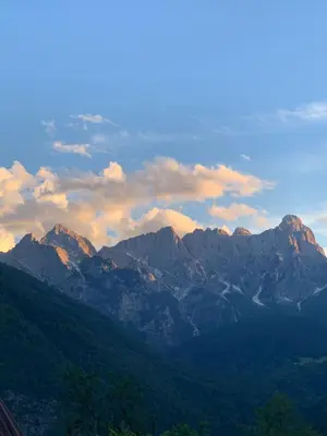 a view of a mountain range with trees in the foreground at Casa Curti in Gosaldo