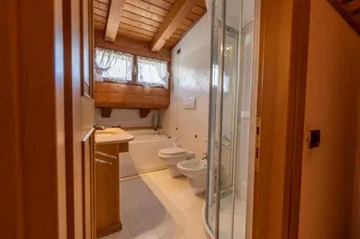 a bathroom with a toilet and a sink and a shower at Mansarda Belvedere - panoramica e wellness in San Vito di Cadore