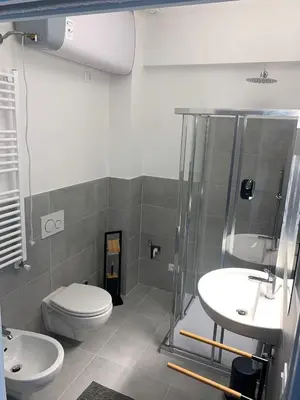 a bathroom with a toilet and a shower and a sink at Alps Apartments Viktory in Bolzano