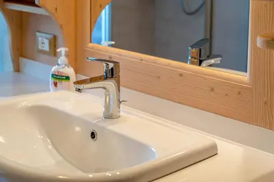 a bathroom sink with a soap bottle next to a mirror at Ospitalità Diffusa Laste Dolomites Cèsa del Bèrba Jaco in Rocca Pietore