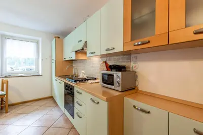 a kitchen with white cabinets and a microwave at Casa Riz in Campitello di Fassa