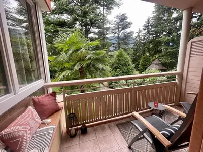a balcony with chairs and a view of trees at App. Franziska Villa Fabbrani in Bressanone