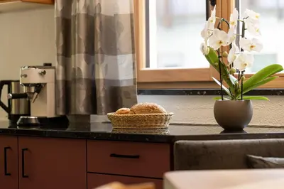 a bowl of fruit on a counter in a kitchen at Chalet Merisana in Selva di Val Gardena