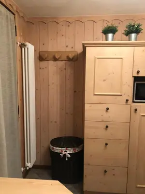 a cabin with a trash can next to a cabinet at Casa Gallo in Mazzin