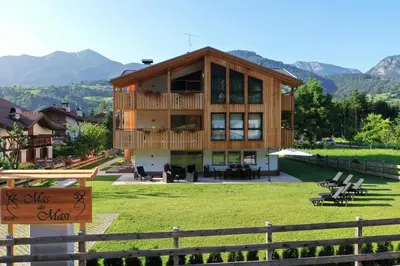 a house on a hill with mountains in the background at Mas dei Masi in Cavalese