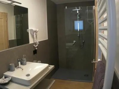 a bathroom with a sink and a shower at Mas dei Masi in Cavalese