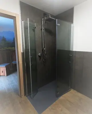 a bathroom with a shower with a glass door at Mas dei Masi in Cavalese