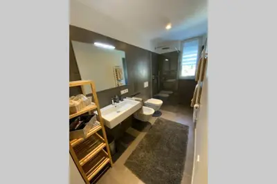 a bathroom with a sink and a toilet at Riversuite in Bressanone