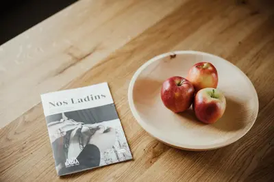 a plate of apples and a magazine on a table at Apartments Roda de Ciar in Badia