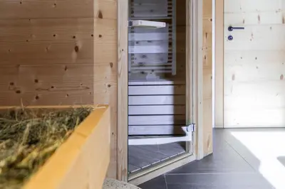 a room with wooden walls and a glass door at Ciasa Iachin - Dolomites Dream Retreat in San Martino in Badia