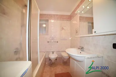 a bathroom with a sink and a toilet and a shower at Casa Dolomiti - BERTA in Campitello di Fassa