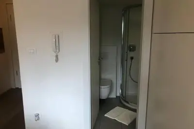 a bathroom with a toilet and a glass shower at Brunico 19 in Brunico