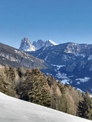 a view of a snowy mountain range with snow at Alpine Chalet Aurora Dolomites in Laion