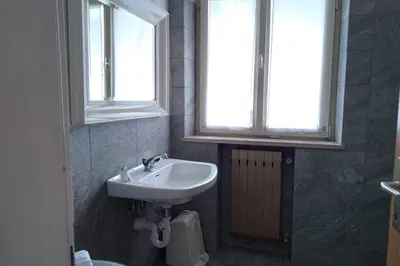 a bathroom with a sink and a toilet and two windows at Relax al lago di Braies in Braies
