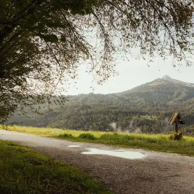 a dirt road with a mountain in the background at Hotel Leonhard in Nova Ponente