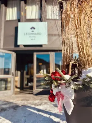 a vase with a christmas tree in front of a building at Hotel Leonhard in Nova Ponente