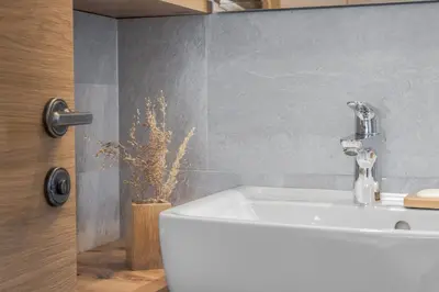 a bathroom with a white sink and a plant at Villa Resi B&B in Corvara in Badia