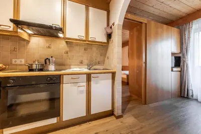 a kitchen with a sink and a stove at Villa Resi Apartments in Corvara in Badia