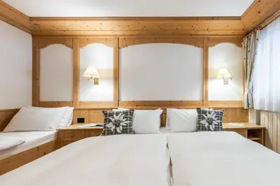 two beds in a room with wooden walls at Villa Resi Apartments in Corvara in Badia