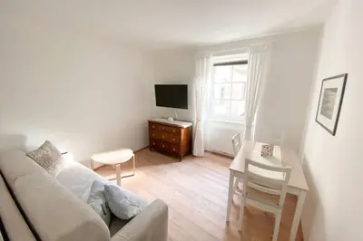 a living room with a couch and a table and a television at In Urbi, city appartement in Bressanone