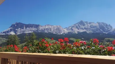 a balcony with flowers and mountains in the background at Apartments Gana in La Villa