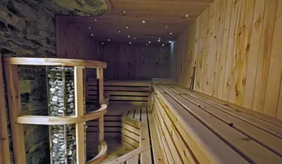 an empty sauna with wooden walls and ceilings at Hotel Venezia in Rocca Pietore