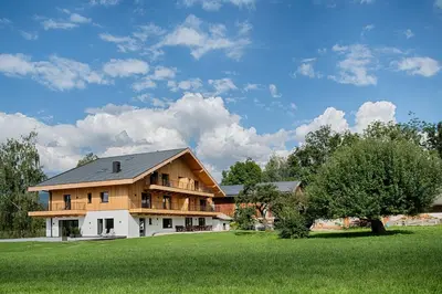 a house on a green field with a tree at Appartments Lindenhof in Riscone